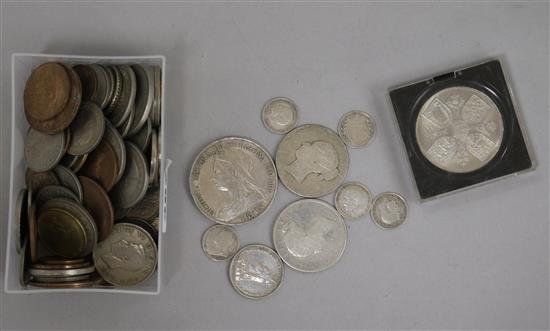 An 1889 crown, 5 other Victoria silver coins (worn), 3 George V silver 3d and sundry GB and foreign coins